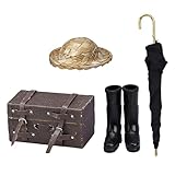 Chaussure de pluie toy house : cette valise en cuir miniature, cette botte de pluie, ce chapeau de paille et ce parapluie sont conçus de manière vivante et très élégants.