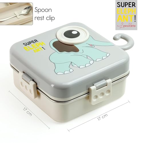 Image of PRIME DEALS BPA-Free Leak-Resistant Stainless Steel Insulated Tiffin for School with Spoon Elephant Lunch Box for Kids Bento Box with Tray & Container | 1120ml + 70ml (Grey, Elephant)