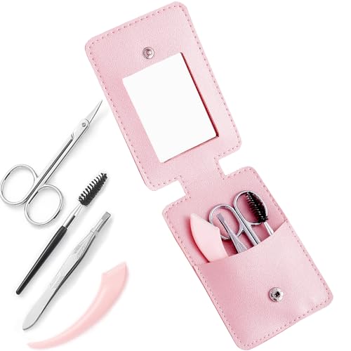 LEVY WAVE 携帯用 眉毛 はさみ 眉毛ととのえるセット、まゆげ カット、鼻毛カット、4点手入 れツール セット、 グルーミング 身だしなみ セット 顔 剃り テンプレート レザーバッグ付き, プレミアムステンレス製 甘皮ハサミ 多機能 化粧鏡付 (1, ピンク)