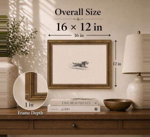 Image of Gold Framed 3D Textured Wall Art, Vintage Sketch Running Dog Canvas Prints, Minimalist Zoomies Flight Dog Pictures Decor, Neutral Funny Animal Gallery Artwork for Living Room Bedroom Nursery 16x12 in