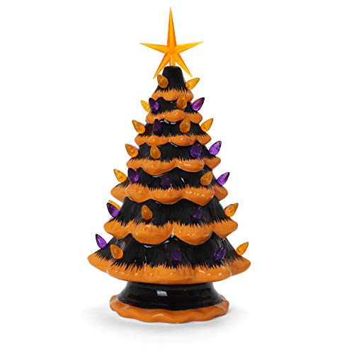 Milltown Merchants Halloween Ceramic Christmas Tree - Ceramic Halloween Tree - Orange Tree - Lighted Halloween Tree - Black Halloween Tree - Orange Christmas Tree For Indoor Halloween Decorations #TOP3