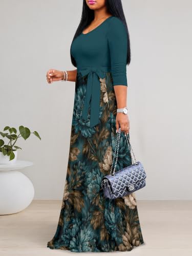 Image of PinkPatty Plus Size Maxi Dress for Women Casual V Neck 3 /4 Sleeve Boho Printed Long Dress with Pockets