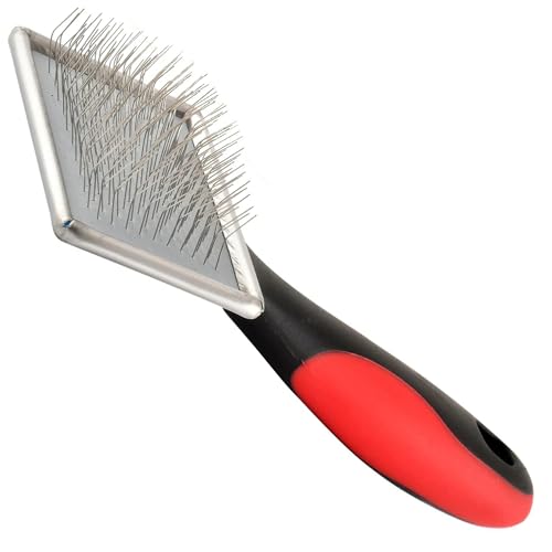 Image of Jeffers Pet Non Slip Slicker Grooming Brush - Soft Flexible Pins, Red & Black Handle. Detangling Grooming Tool for Dogs & Cats w /Short, Long, Thick & Curly Coats, Easy Storage, Travel Size - Small