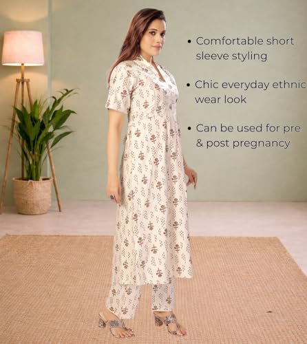 Image of Momenta Women's Pure Cotton Maternity Kurta Set | Feeding Kurti with Concealed Zippers | Maternity Dress for Pre & Post Pregnancy