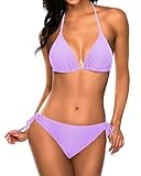 Tempt Me Women Light Purple Triangle Bikini Sets Halter Two Piece Sexy Swimsuit String Tie Side Bathing Suit M