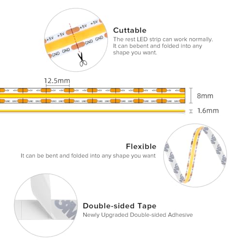 Image of BTF-LIGHTING 5V USB COB LED Strip Lights Super Bright Dimmable LED Tape Light,Warm White 2700K 3.28FT Flexible Light Strip with Strong 3M Tape for 3D Printer,TV Backlight,Cabinet,Home Lighting