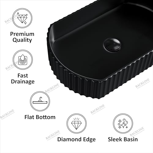 Image of B Backline Ceramic Table Top Wash Basin /Counter Top Basin Sink /Wash Basin Art Basins For Bathroom 20 X 15 X 4.5 Inches (Black Matt 2)