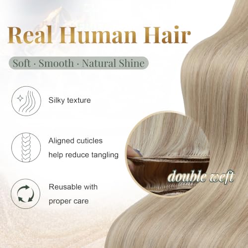 Image of Ugeat Weft Hair Extensions Human Hair, Hair Extensions Sew in 20 Inch 100g, Sew in Extensions Softness, Ash Blonde Highlights Medium Blonde