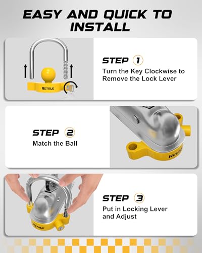 Image of RETRUE Universal Coupler Lock Trailer Locks Ball Hitch Trailer Hitch Lock Adjustable Security Heavy-Duty Steel Fits 1-7 /8 Inch, 2 Inch, 2-5 /16 Inch Couplers, Bright Yellow, Light Weight