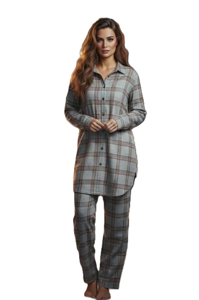 Women's Plaid Woolen Co-ord Set, Winter Warm Button-Down Tunic and Pajama Set, Long Sleeve Checkered Loungewear and Nightsuit-picture-17