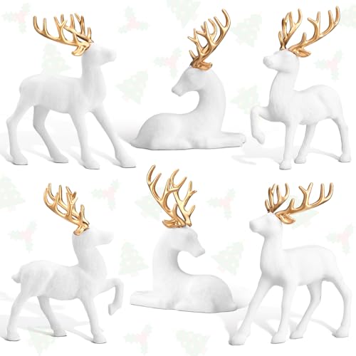 Pinkunn 6 Pcs Christmas Reindeer Decoration Flocking Christmas Reindeer Figurines