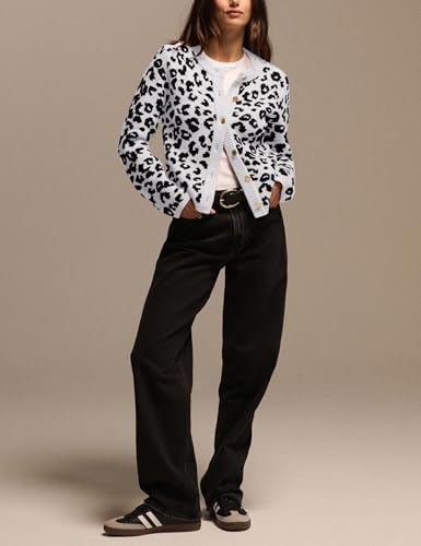 Image of Women Leopard Print Cardigan Open Front Button Down Sweater Long Sleeve Cotton Knit Fall Clothes Outerwear Coats White
