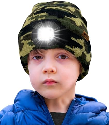 ATNKE Kids LED Lighted Beanie Hat,USB Rechargeable 4 LED Running Headlamp Ultra Bright Cap with Light Hands Free Head Torch Winter Warm Knit Beany Great Gifts for Boys and Girls