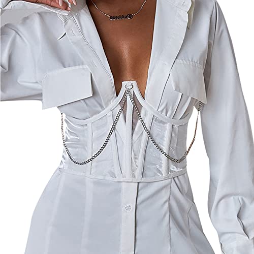 Jumisee Women See Through Mesh Lace Up Bustier Corset Metal Chain Boned Overbust Waist Cincher Wide Belt #TOP13