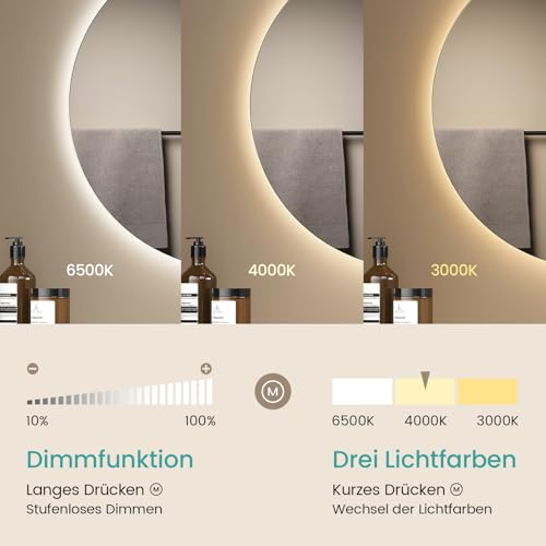 EMKE Runder Badspiegel mit Beleuchtung 80 cm, Dimmbar – Ansicht 2
