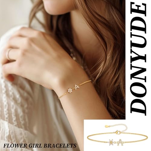 Bridesmaid Proposal Gifts Initial Bracelet for Women with Flower Pearl Bracelets for Teen Girl with Letter 14k Gold Plated Bracelet with Floral Adjustable Wedding Flower Girl Gift Junior Bridesmaid Bracelets Jewelry3