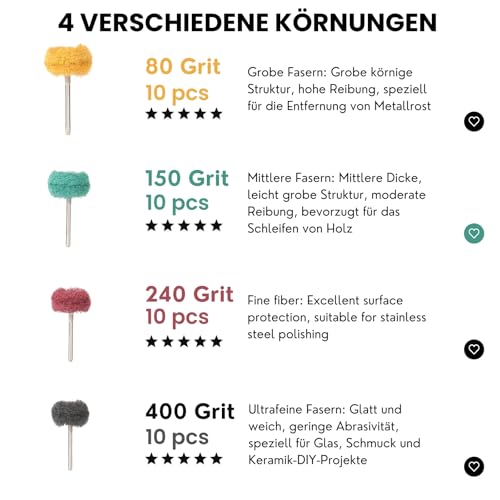 PMIQSA 40 Stück 25 mm Schleifscheibe-Polierscheiben, Körnung 80/150/240/400 Mit 1/8 Schaft Polieraufsatz Akkuschrauber für Dremel Metallschleifaufsatz