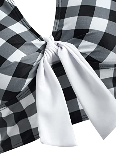 DRESSFO Women's Backless Halter Bikini Set – Sunflower and Stripe High Waist Swimwear with Knot Ring and Tummy Control3