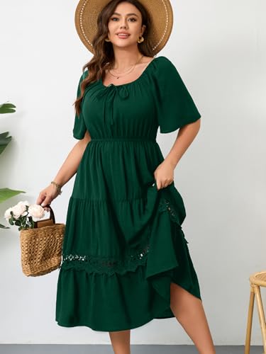 Image of RWJ Women's Plus Size Maxi Dress Short Sleeve Square Neck Flowy A-Line Lace Trim Flutter Party Casual Off Shoulder Dresses