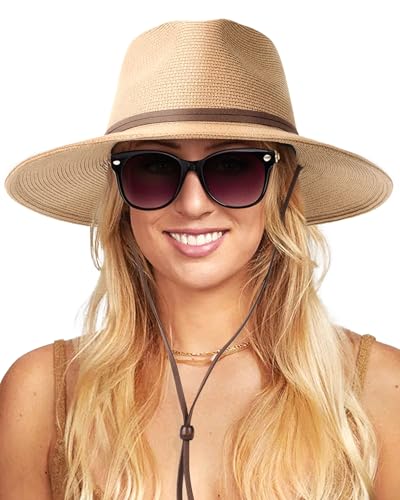 FURTALK Womens Sun Hat Summer Straw Beach Hats UPF 80+ Wide Brim Panama Fedora Hats with Wind