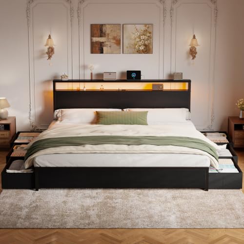 Image of Forestell King Size Bed Frame with 2-Tier Storage Headboard & 6 Drawers | Platform Bed with Heavy Duty Slat Support, Charging Station & LED, USB, Type-C & AC Ports, Noise-Free, No Box Spring, Black