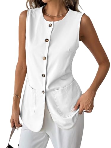 Mina Self 2025 Womens Summer Long Linen Vest Tops Sleeveless Lightweight Single Breasted Trendy Casual Work Jacket Pockets