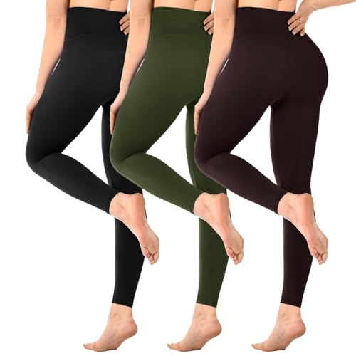 SINOPHANT Pack de 3 leggings de cintura alta para mujer, opacos, negros, para gimnasio, yoga, deporte, Negro/Verde Ejército/Marrón, S-M