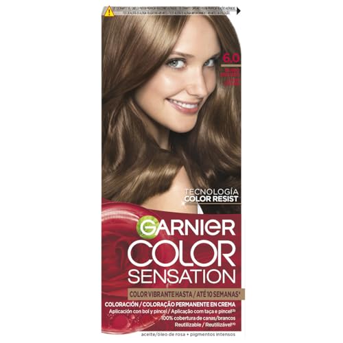 GARNIER - Pack 4 Color Sensation Tinte Permanente 6.0 Rubio Oscuro, Color Intenso y Brillo Espejo, Cobertura 100% de Canas con Aceites Florales