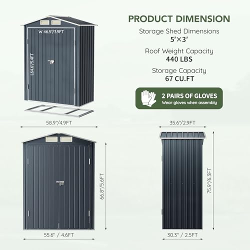 Image of 5x3 FT Outdoor Metal Storage Shed with Floor Frame, Double Door, 1 Clear Window, Tool Shed for Garden, Patio, Backyard