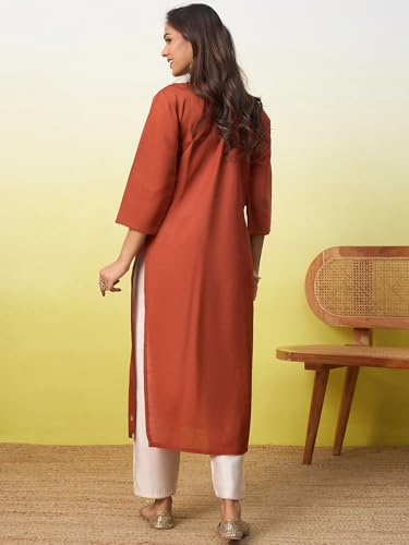 Image of Women's Embroidered Silk Straight Kurta Kurti | Below Knee Kurtas for Women Traditional Indian Wear Outfit Suitable Casual Festive Office Styling