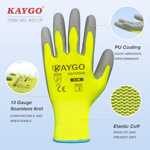 Image of KAYGO Safety Work Gloves for Men Women, PU Coated Palm & Fingers, KG11P | Smooth Grip, Breathable & Lightweight, 13-Gauge Seamless Knit, for Light Warehouse, Manufacturing, Gardening
