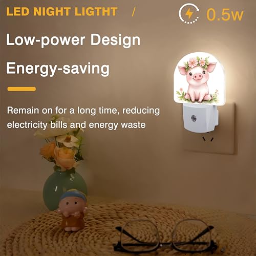 Image of Night Lights Plug into Wall Cute Pig with Flower Crown Night Light Dusk to Dawn Smart Sensor Decorative Round Led Lamp for Bedroom Kitchen Hallway Nightlight for Women Men