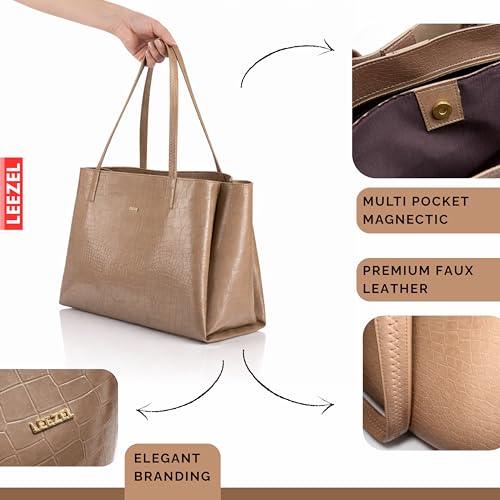 Image of LEEZEL Women's Structured Tote Bag - Large Capacity Work & Travel Purse Croco Pattern Vegan Leather Stylish Tote Bag Classic Everyday Shoulder Bag