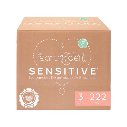Earth & Eden Sensitive Baby Diapers, Size 3 (222 Count) - Eco-Conscious & Hypoallergenic Diapers - No Harsh Chemicals - Comfortable and Gentle on Skin - Dermatologically Approved