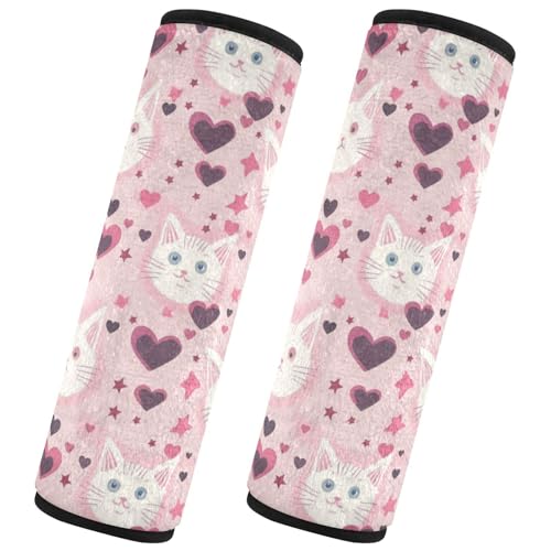 Seat Belt Covers 2 Pack Cute Cat Head Car Seat Strap Covers Super Soft Hearts Stars Car Seat Neck Cover for Boys Girls Adults Babies M