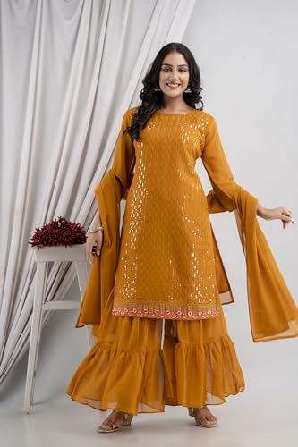 Image of RATNAVALI Women's Georgette Sharara Suit for Women | Embroidery Work Kurta with Sharara | Readymade Sharara Suits for Women