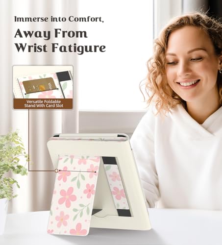Image of MoKo Case Fits All-New 6 inch E-Reader(11th Gen, 2024 /2022)(10 /8th Gen,2019 /2016),Ultra Lightweight PU Shell Cover with Auto Wake /Sleep for Ebook 2024,Not for Kobo Aura 2 /Remarkable, Flower & Leaves