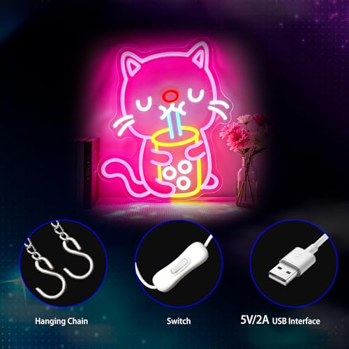 Image of Neon Sign, Cat Neon Signs for Wall Decor LED Signs Neon Light | Cat Neon Sign, Cat Boba Tea Led Sign for Bedroom, Kids Room, Business, Cafe, Party, Bar, Home Decor, Gift, USB Powered