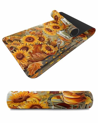 Debedcor Heat Proof Table Pads Waterproof Decorative, Fall Sunflower Non-Slip Table Countertop Protector, Farmhouse Squirrel Pumpkin Maple Leaf Insulation Mat for Kitchen Room, 40 x 12 Inches