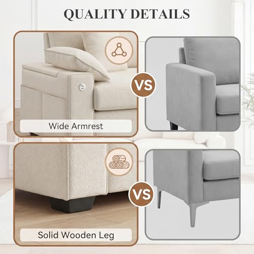 Image of Oversized Sofa with Armrest Storage, USB & Type-C Fast Charging, Removable Washable Cover, Solid Wood Legs, Modern Furniture for Living Room Apartment Office, Beige