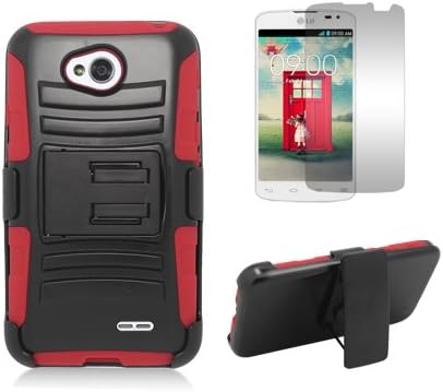 Phonelicious® For LG OPTIMUS L70 Xtreme Heavy Duty Hybrid Armor Dual Layer Kickstand Belt Holster Combo Rugged Case Tuff + LCD Screen Phone Protector Combo & Phonelicious® Pen Stylus (Red Gel Black Extreme)