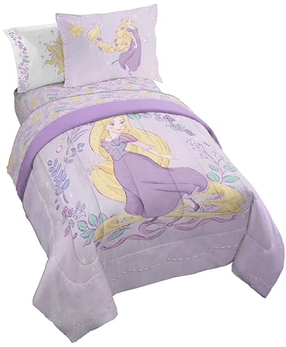 Image of Disney Princess Full Size Comforter Set 7 Piece Kids Bedding, Purple | Rapunzel, Bed in a Bag, Comforter Sheets Shams Pillowcases, Official Brand, Soft Microfiber, Machine Washable, Girls Gift