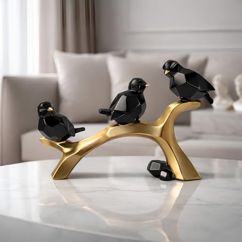 Image of Xtore Artistic Geometric Bird Figurine on Branch for Home & Office Decor | Contemporary Black & Gold Sculptural Showpiece for Living Room, Shelf & Console Styling (29.5 cm)
