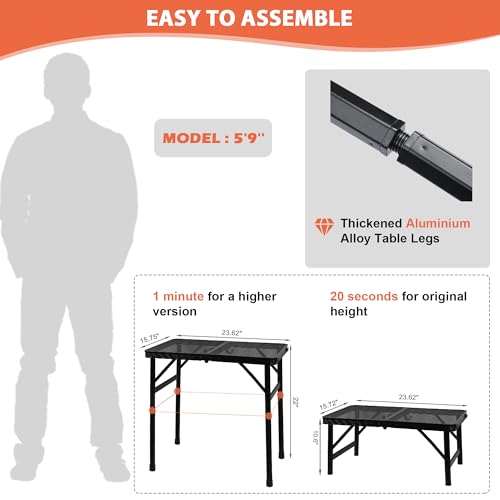 GREGIN Camping Table with Mesh Desktop, Lightweight & Portable Small Folding Grill Table, Height Adjustable Metal Outdoor Table for Camp, Cooking, BBQ, RV, Picnic-2 FT Black