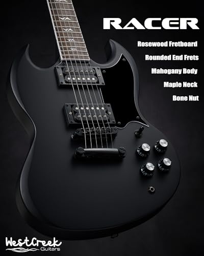 WestCreek RACER Solid Body Electric Guitar, Double Cut guitar, Rounded End Frets, Bone nut, Rosewood Fingerboard, Mahogany Body (Matte Black) - Image 4