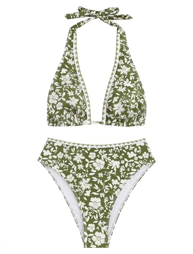 ZAFUL Womens High Waisted Bikini Sets Halter Floral Shell Stitch 2 Piece Swimsuits V Neck Tummy Control Bathing Suits3