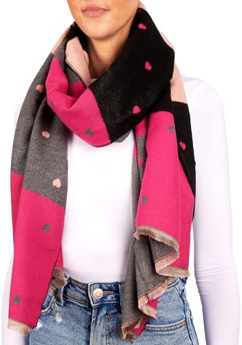 BRUBAKER Cashmirillo Damen Schal mit Herz Muster - 70 x 200 cm - Warm, Kuschelig und Oversized - Winterschal für Herbst und Winter - Weiches Kaschmir-Gefühl - Pink, Schwarz...