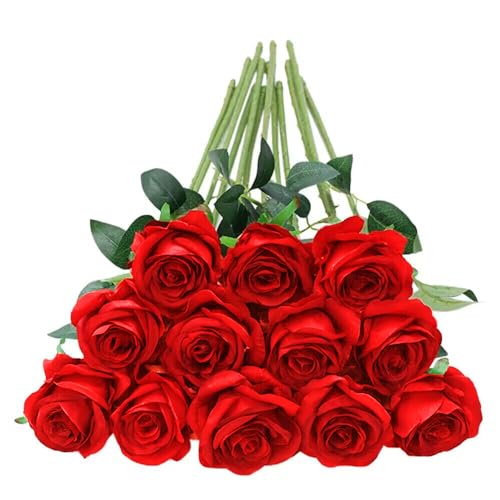 Image of Tifuly 12PCS Rose Artificial Flower, Single Stem Fake Floral Bridal Wedding Bouquet, Realistic Blossom Flora for Home Garden Party Hotel Office Decorations (Red)