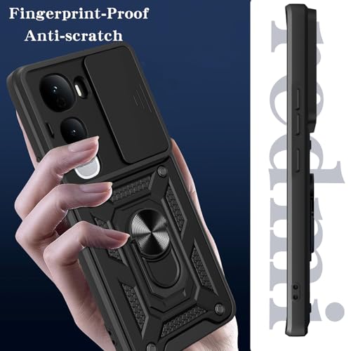 Image of SPAZY CASE Vivo Y400 Back Cover | Heavy Duty Hybrid Case with 360 Degree Rotating Finger Ring Holder + Slider Shutter Camera Protection Case for Vivo Y400 - Black