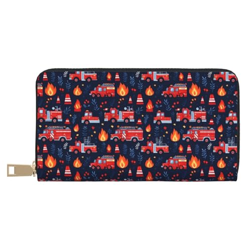 Leather Thin Slim Wallets for Women Men - Fashion Fire Truck Pattern Print Card Wallet Holder with Zipper